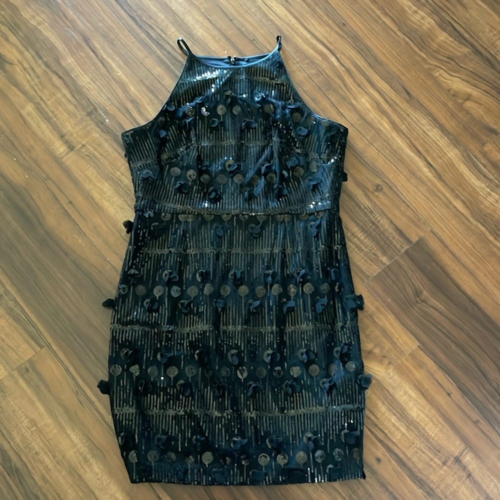 New Eliza J Black Sequin Halter Floating Flower Cocktail Holiday Dress - Picture 4 of 17